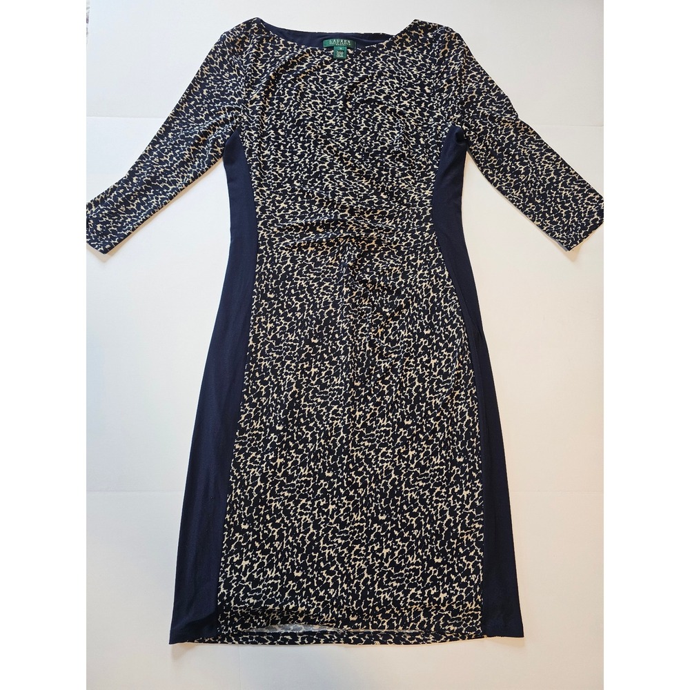 Lauren Ralph Lauren Sheath Dress Women 10 Navy Print‎ Ruched 3/4 Sleeve Office